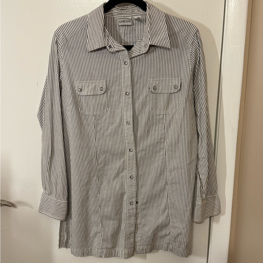 Chico's Women's Gray and White Striped Button Down Shirt
